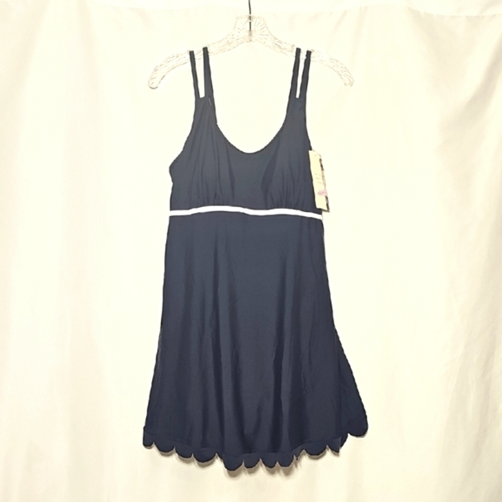 Dokotoo Navy Blue Swim Dress Scalloped Hem White Trim Size L